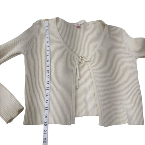 No Boundaries Womens Cream Ribbed Knit Cardigan Sweater SZ XL Tie Front Stretch - Picture 7 of 9